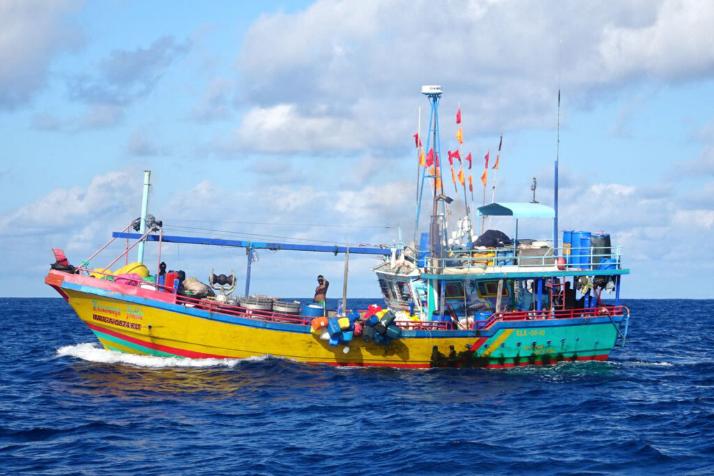 In October 2022, the Hasaranga Putha encountered a catamaran called the Begonia on the southern edge of Saya de Malha, and asked the Americans on board for help. Credit: Kyle Webb/The Outlaw Ocean Project