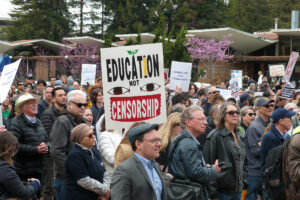 Faculty, students and staff at UC Berkeley attend a rally to defend higher education and academic freedom on Wednesday. Credit: Liza Gross/Inside Climate News