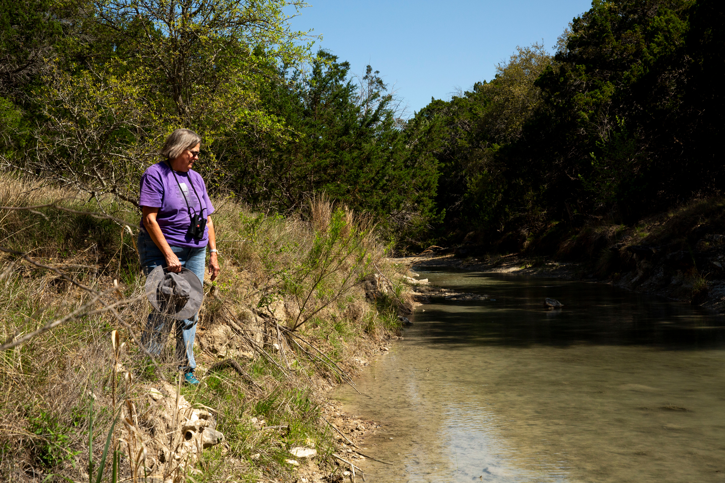 Margo Denke, co-founder of the group Friends of Hondo Canyon, surveys a stretch of Commissioners Creek on her ranch in Bandera County, Texas. Credit: Dylan Baddour/Inside Climate News