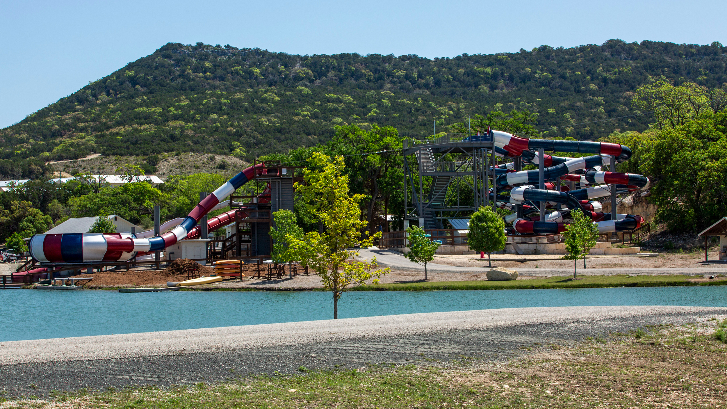 A water park and private lake on Commissioners Creek at Camp OTX. Credit: Dylan Baddour/Inside Climate News
