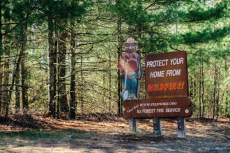 A Smokey Bear sign warns against wildfire in Brendan T. Byrne State Forest in the New Jersey Pine Barrens. Credit: Anna Mattson/Inside Climate News