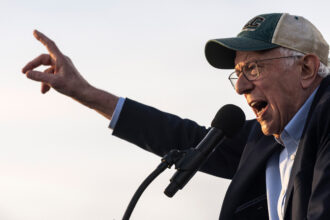 Sen. Bernie Sanders (I-VT) speaks during a stop of the “Fighting Oligarchy” tour at Folsom Lake College on Tuesday in Folsom, Calif. Credit: Stephen Lam/San Francisco Chronicle via Getty Images