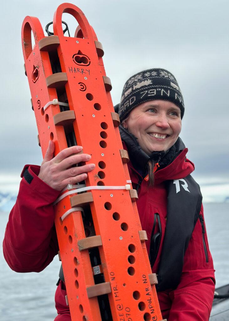 Heidi Ahonen is using SoundTrap devices to record marine mammals in the Gerlache Strait to see if they are present at the same time as industrial fishing vessels. Credit: Teresa Tomassoni/Inside Climate News