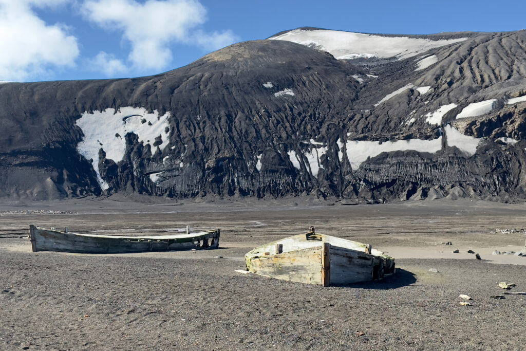 In Whalers Bay, relics of a bygone era of whale hunting remain. Whale bones poke through ashen sediment near dilapidated wooden boats whalers used to tow the animals to shore where their blubber was harvested to produce lamp oil. The oil was then stored in tall metal vats before exporting it. Credit: Teresa Tomassoni/Inside Climate News