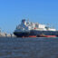 Energy Intelligence, a liquefied natural gas tanker, docks at Venture Global's Calcasieu Pass LNG export terminal in Cameron, La. on Feb. 26 to refill its cargo holds before departing for Eemshaven in the Netherlands. Credit: Phil McKenna/Inside Climate News