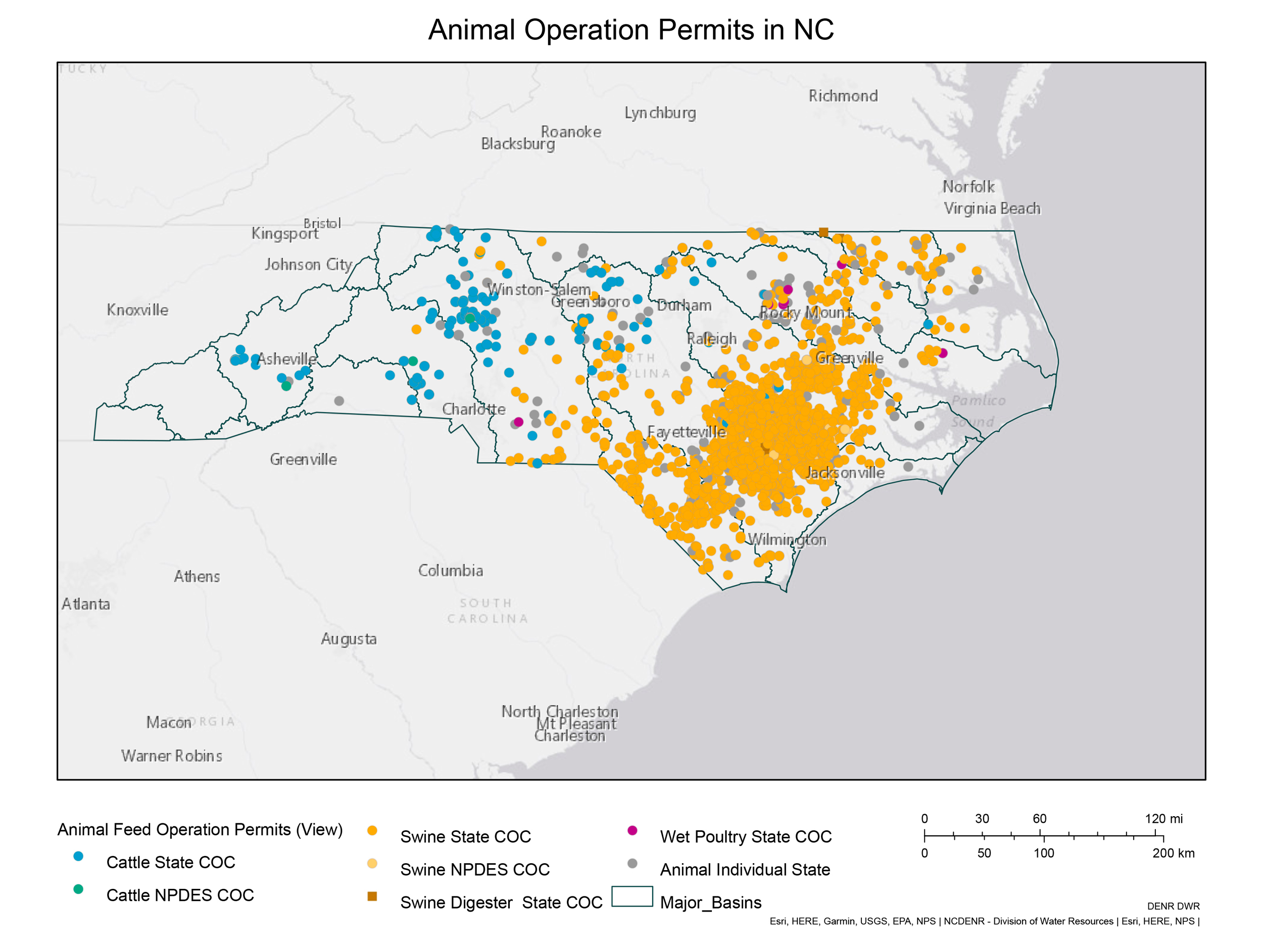 This map shows the locations of all permitted concentrated animal feeding operations in North Carolina. In total, these farms raise 86,000 cattle and cows, 9.45 million swine, and 7.19 million poultry where the animal waste is stored and applied as a liquid. The map does not show the millions of poultry on farms that use dry waste systems; those farms aren’t required to obtain a permit. Credit: N.C. Department of Environmental Quality