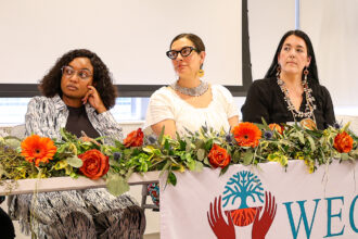 From left: Cindy Kobei, Aimee Roberson and Whitney Gravelle sit on a panel hosted by the Women’s Earth and Climate Action Network during the United Nations Permanent Forum on April 22 in New York. Credit: Katherine Quaid/WECAN