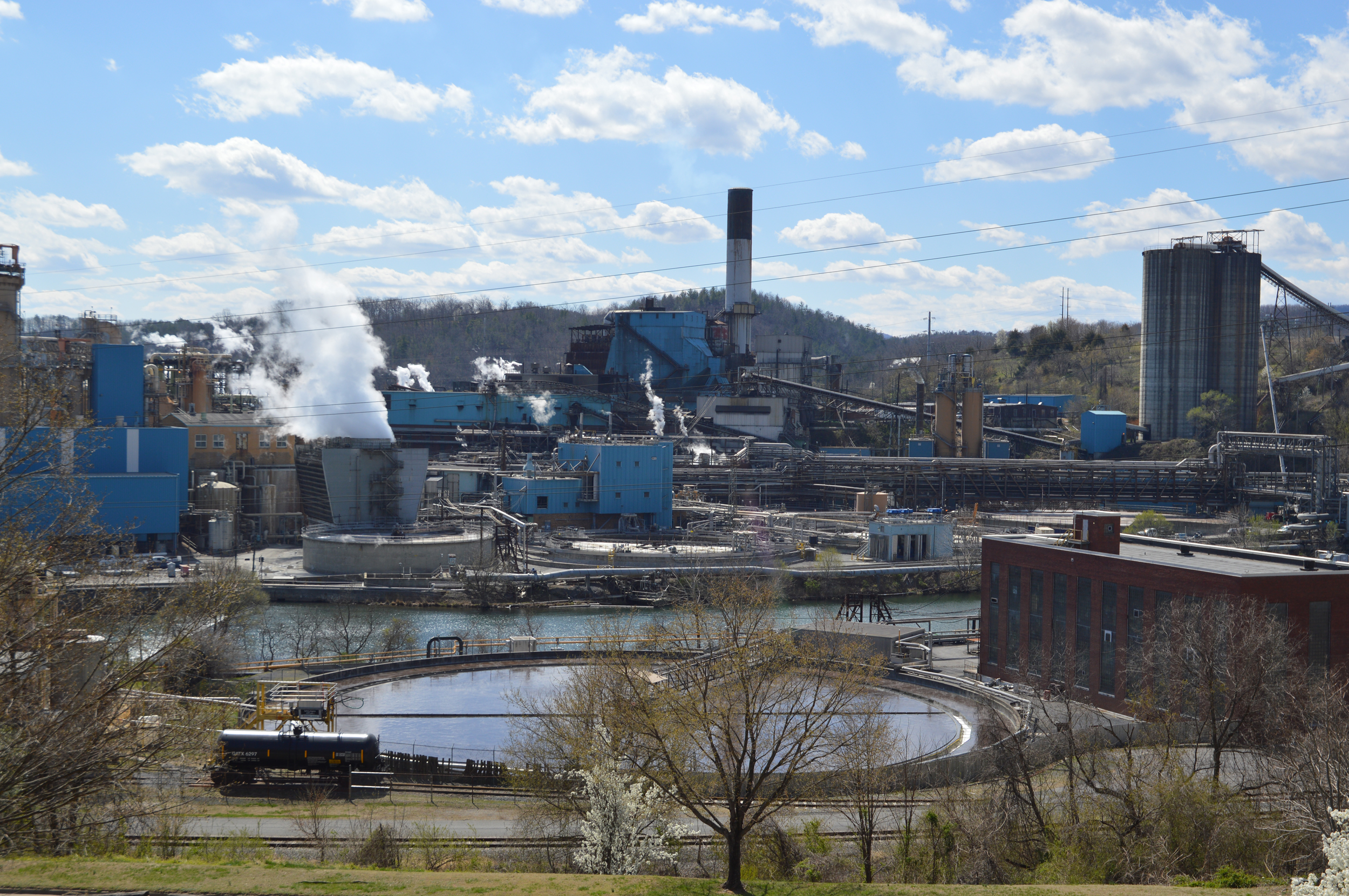 A view of a waste pond at the Smurfit Westrock paper mill in Covington, Va. Credit: Tom Pelton/Environmental Integrity Project