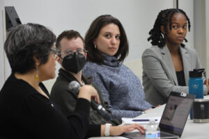 From left: Water experts Ivonne Rychwa from Citizens Utility Board, Oliver Ciciora from Southsiders Organized for Unity and Liberation, Anna-Lisa Gonzales Castle from Elevate, and Iyana Simba from the Illinois Environmental Council discuss water affordability issues at the Water Matters Town Hall in Chicago. Credit: Christiana Freitag/Inside Climate News