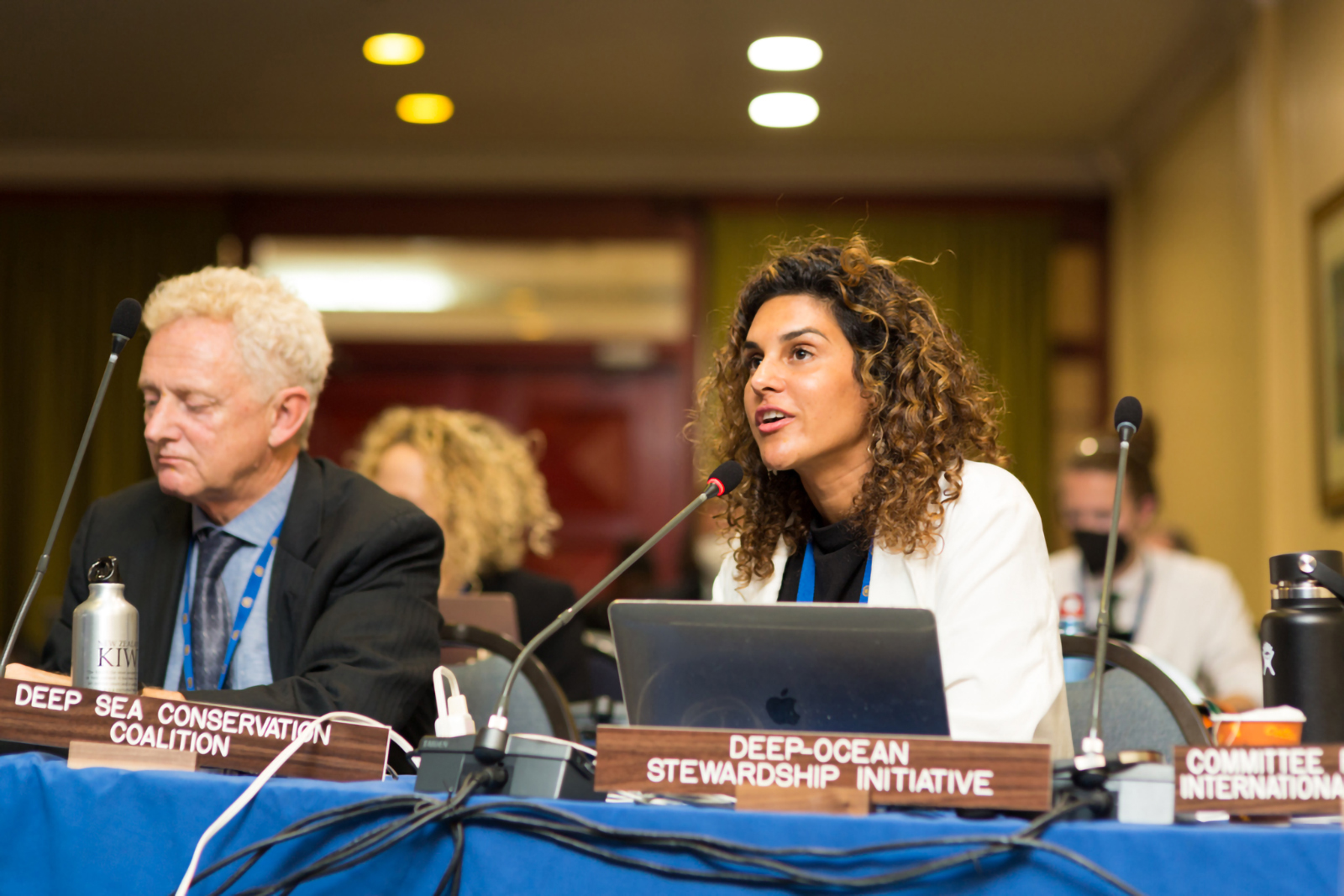 Diva Amon (right) and  Duncan Currie, legal and policy advisor for the Deep Sea Conservation Coalition, attend an International Seabed Authority meeting in July 2022. Credit: International Seabed Authority