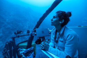 Marine biologist Diva Amon explores the deep sea around the Saint Peter and Saint Paul Rocks in the Atlantic Ocean, off the coast of Brazil. Credit: Novus Select/bioGraphic