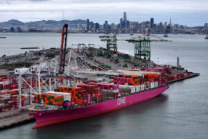 A container ship is docked at the Port of Oakland in California on Feb. 3. Credit: Justin Sullivan/Getty Images