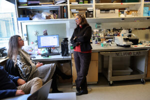 Neuroscience professor Gina Turrigiano talks with researchers at her Brandeis University lab, where researchers are studying the origins of autism and other neurological disorders, on Feb. 12 in Waltham, Mass. Credit: Suzanne Kreiter/The Boston Globe via Getty Images