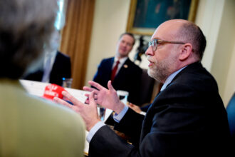 Russell Vought, director of Trump’s Office of Management and Budget, speaks during a Cabinet meeting at the White House on April 30. Credit: Andrew Harnik/Getty Images