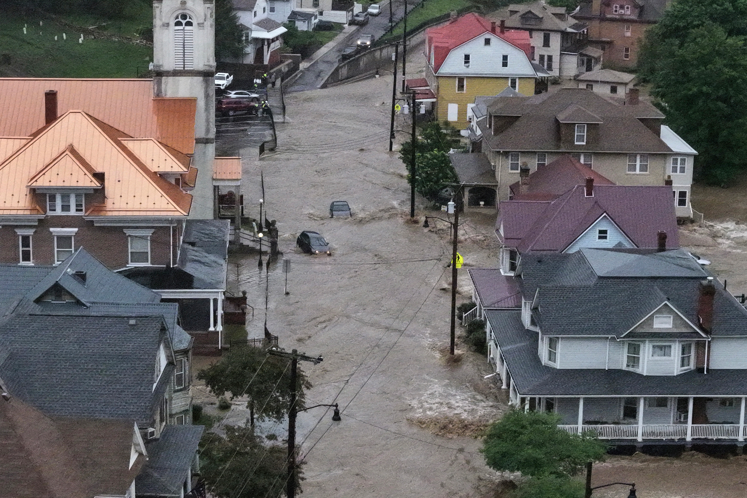 The Potomac River floods downtown Westernport, Md., after extreme rain on May 13. Credit: Ricky Carioti/The Washington Post via Getty Images