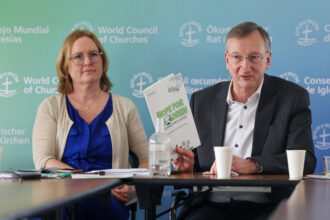 Frederique Seidel (left), World Council of Churches Senior Program Lead on Children and Climate and Peter Prove, WCC Director for International Affairs, at the handbook launch in April. Credit: Ivars Kupcis/WCC