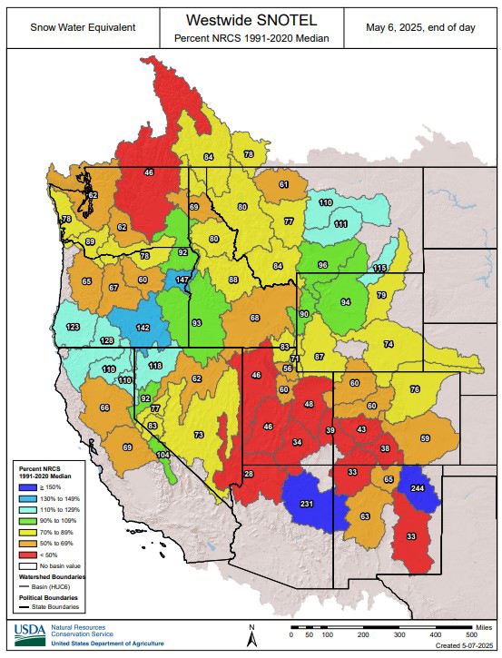 In this map, Colorado, Utah, Wyoming and New Mexico all show significantly below-average snow totals. Mountain snowmelt in those states accounts for the majority of the water in the Colorado River. Credit: USDA/Natural Resources Conservation Service