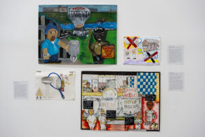 Artist Ernesto Valle (top left, bottom right) contributed two pieces highlighting toxic water conditions at Stateville Correctional Center, called "My Water is Toxic" and "The Kitchen Well." Credit: Keerti Gopal/Inside Climate News