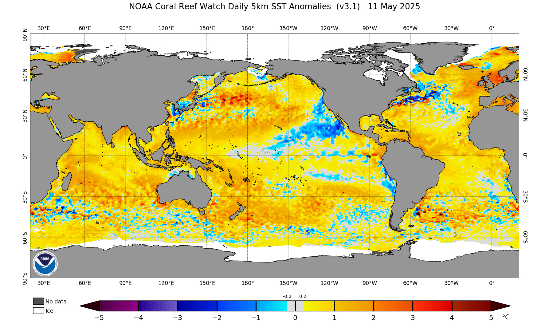 Ocean water temperature differences from normal in degrees Celsius on May 11. Credit: NOAA