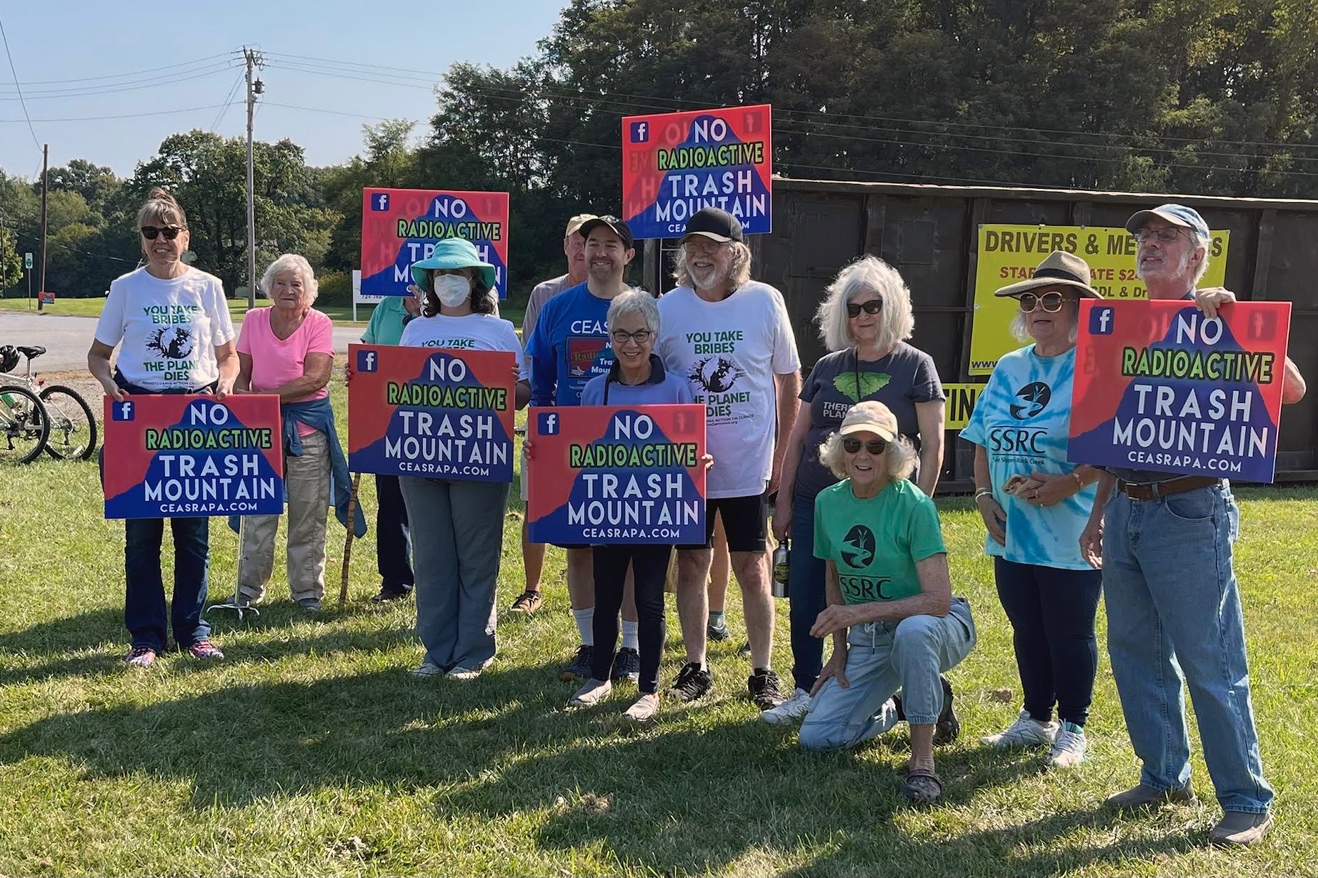 Members of CEASRA, a local environmental group, demonstrate in front of the Tri-County Landfill in September 2023 in Grove City, Pa. Credit: Courtesy of Jane Cleary