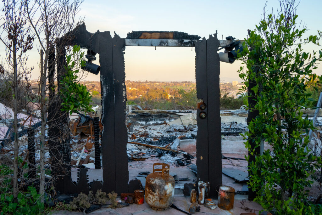 All that remains of 224 Quadro Vecchio Drive is the front door frame. Six of the 13 homes overlooking Las Leones Canyon burned the night of Jan. 7-8.