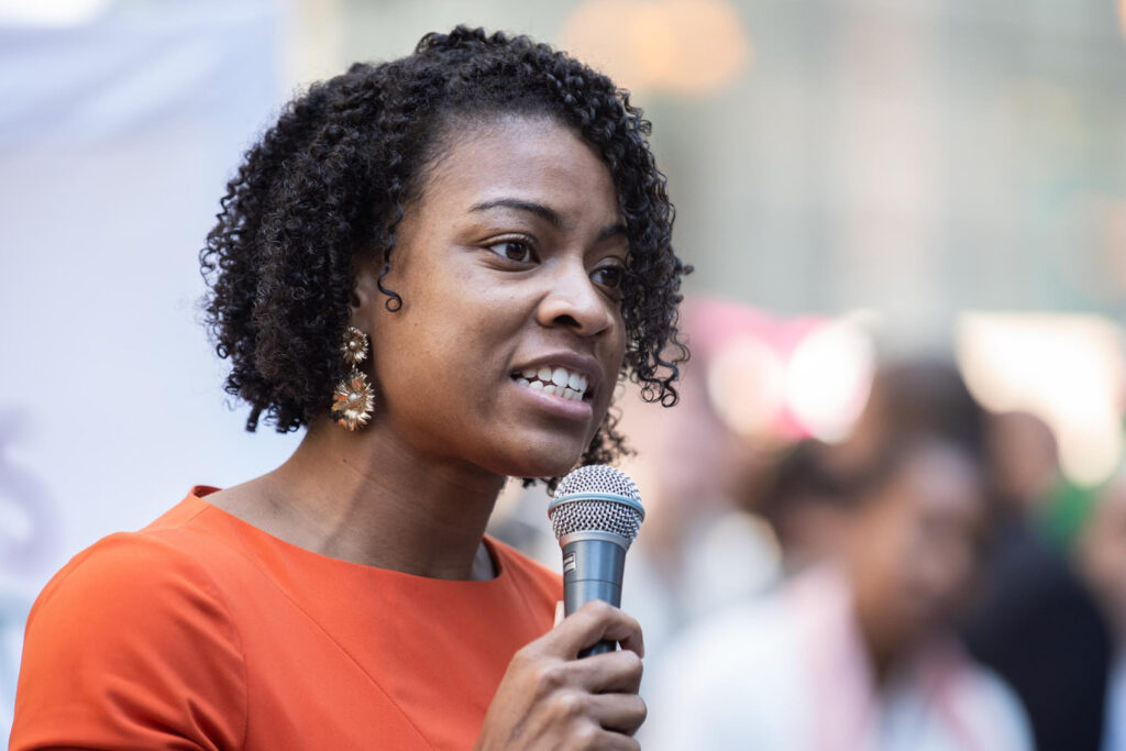 Chakena D. Perry speaks at a rally in 2022. Perry is now a senior policy advocate at the Natural Resources Defense Council, and has advocated for faster replacement of lead service lines in cities like Chicago. Credit: Pat Nabong/Sun-Times