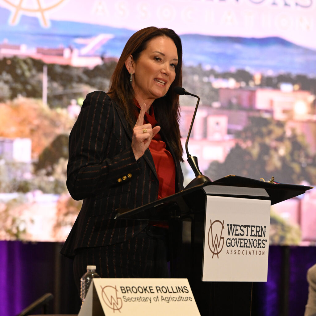 Secretary of Agriculture Brooke Rollins delivers a speech at the Western Governors’ Association annual meeting on June 23. Credit: Ellen Jaskol