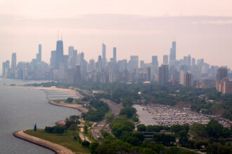 Smoke from Canadian wildfires covers the Chicago skyline on June 6. Credit: Scott Olson/Getty Images