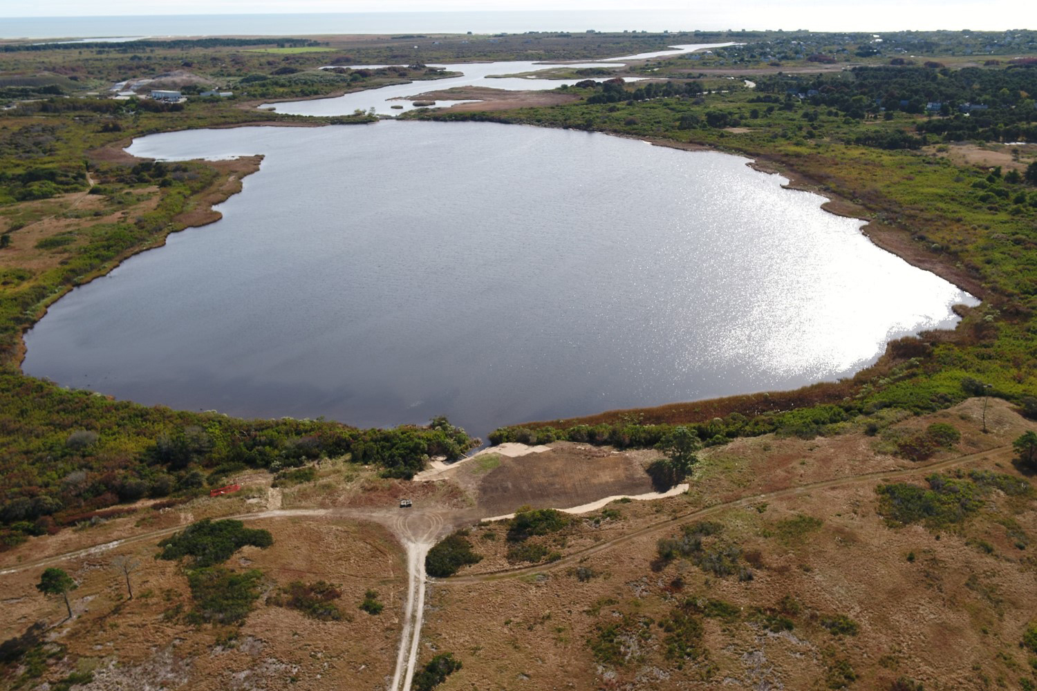 An aerial view of restoration work on the Linda Loring Nature Foundation’s property on Long Pond in Nantucket. Credit: Sarah Bois/Linda Loring Nature Foundation
