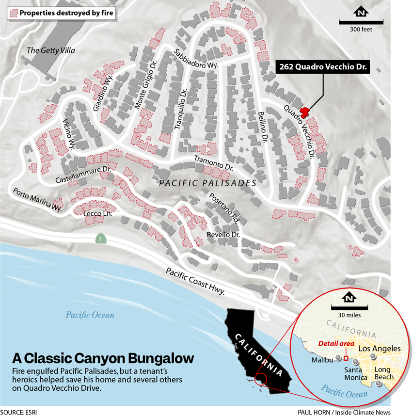 A map shows the number of homes destroyed in the fire in Pacific Palisades, including the property next to 262. 