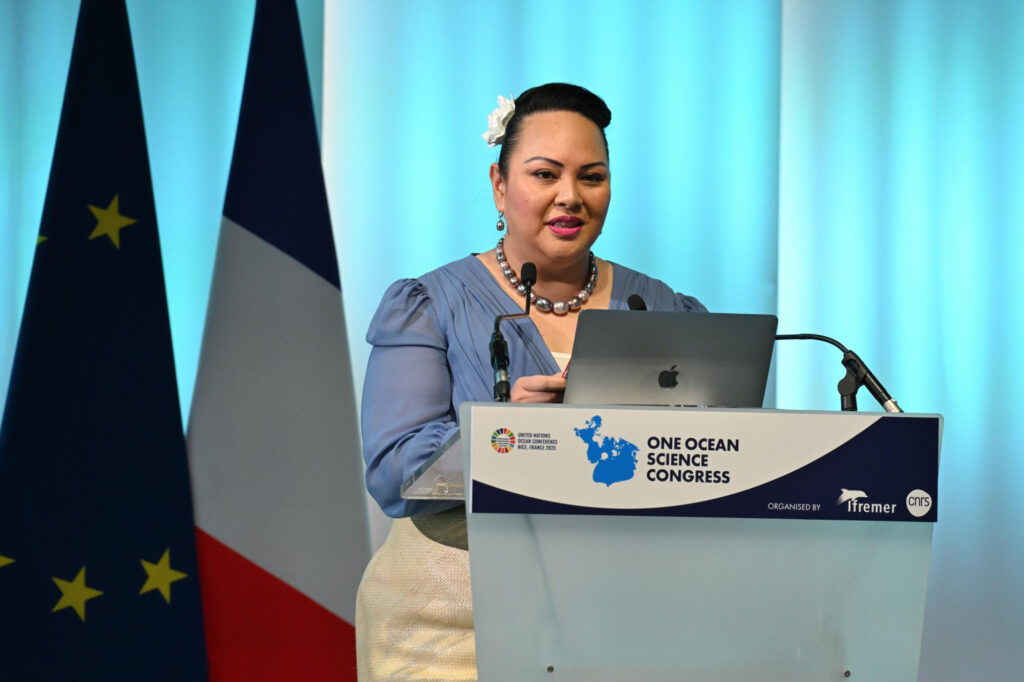 Princess Angelika Lātūfuipeka Tukuʻaho from the Kingdom of Tonga speaks at the One Ocean Science Congress on June 4 ahead of the U.N. Ocean Conference in Nice, France. Credit: Stephane Lesbats/Ifremer