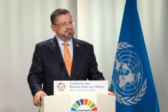 Costa Rica President Rodrigo Chaves Robles speaks at the U.N. Ocean Conference on June 9 in Nice, France. Credit: IISD/ENB - Kiara Worth