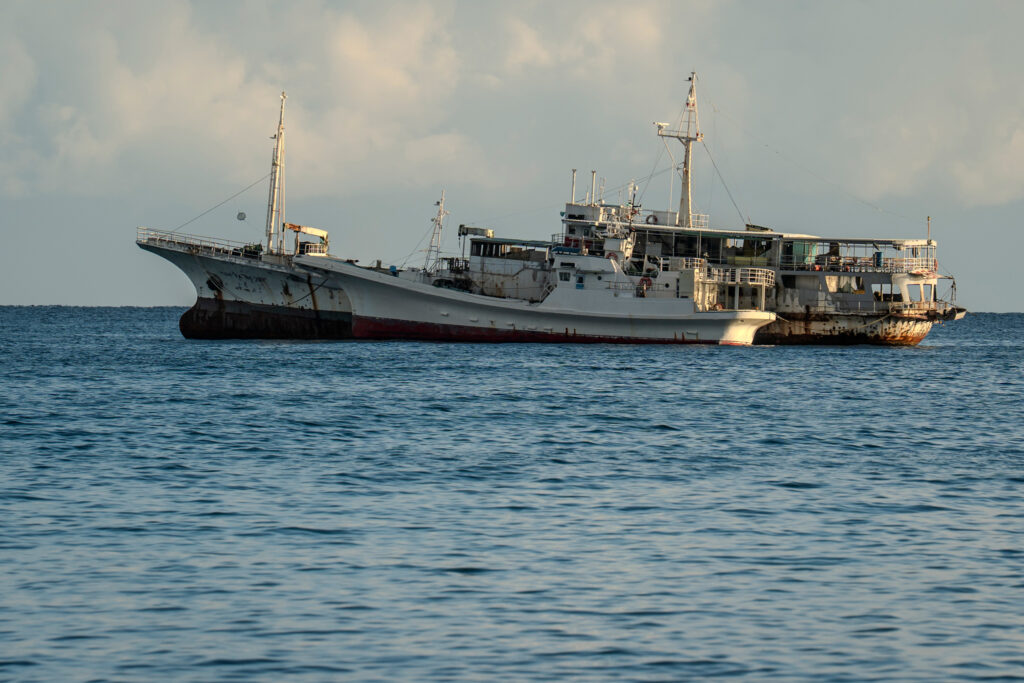 Industrial tuna fleets from countries such as China transfer their tuna catch to other ships at sea just off the coast of Honiara, the Solomon Islands’ capital city. Most of the tuna caught in Solomon Islands’ waters never enters the local market. Credit: Nathan Eagle/Civil Beat