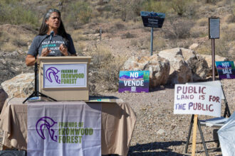 Jennifer Allen, a Pima County supervisor who represents the district containing Ironwood Forest National Monument, speaks at a rally to protect the area on June 7. Credit: Kathleen Dreier Photography/Friends of Ironwood Forest