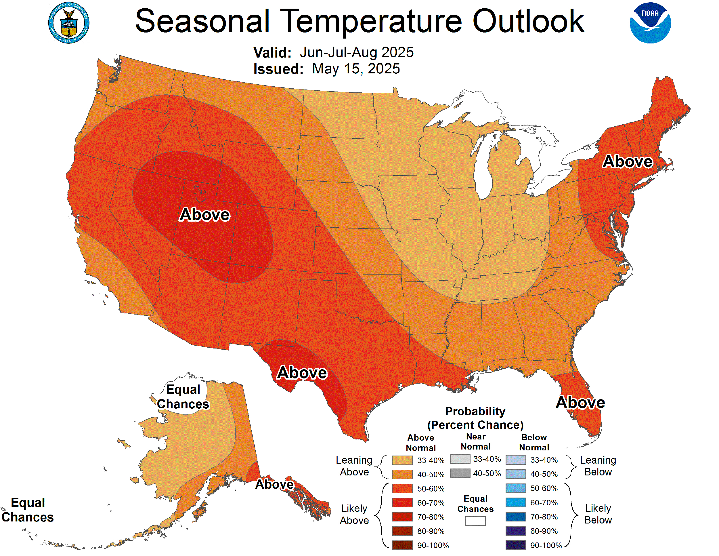 The National Weather Service predicts a hotter-than-average summer across much of the United States, including many states that lack heat-protection standards, including Florida, Texas and many states in the Midwest and Northeast. Credit: National Weather Service