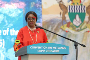 Musonda Mumba, secretary general of the Convention on Wetlands, speaks to a crowd of delegates from around the world on July 24 at COP15 in Victoria Falls, Zimbabwe. Credit: Convention on Wetlands