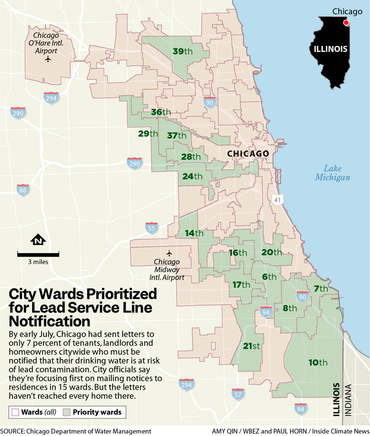 The graphic shows a map of Chicago with the following wards in green to note them as priority wards for notification: 6th, 7th, 8th, 10th, 14th, 16th, 17th, 20th, 21st, 24th, 28th, 29th, 36th, 37th, 39th