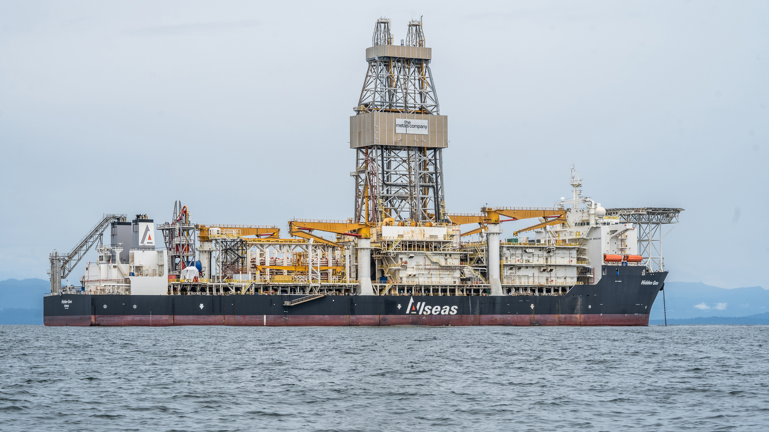 The deep-sea mining vessel “Hidden Gem,” owned by AllSeas and commissioned by The Metals Co., is seen anchored at sea in Labuan, Malaysia. Credit: Jurnasyanto Sukarno/Greenpeace