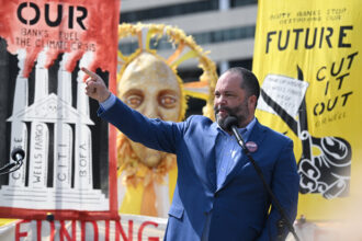 Ben Jealous of the Sierra Club speaks in Franklin Park during Day of Action as climate demonstrators protested several banks on March 21, 2023, in Washington, D.C. Credit: Matt McClain/The Washington Post via Getty Images