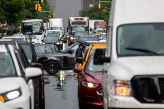 Vehicles move slowly through midtown Manhattan traffic in New York City on June 6, 2024. Credit: Spencer Platt/Getty Images