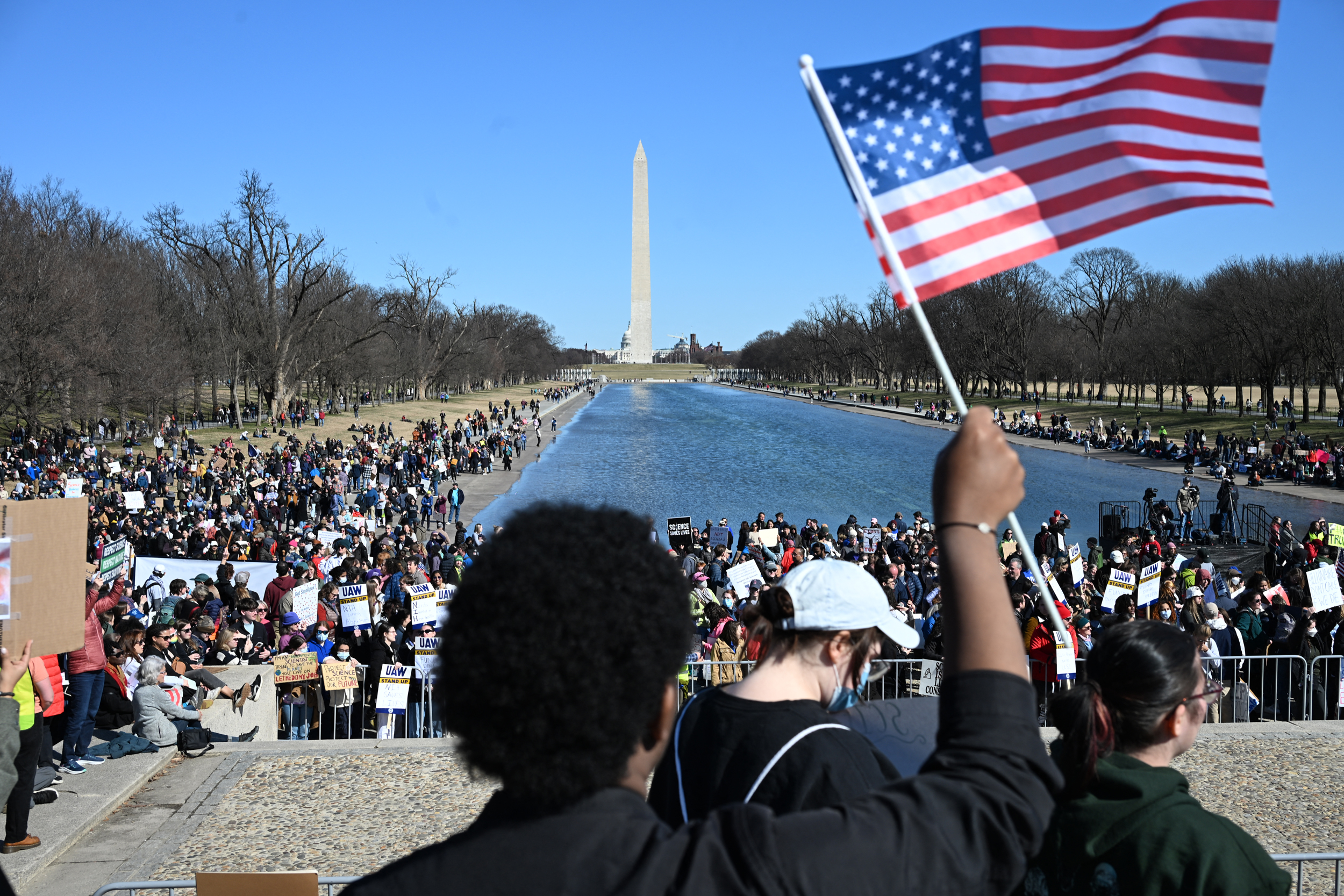 Demonstrators take part in a “Stand Up For Science” rally on March 7 at the Lincoln Memorial in Washington, D.C. Credit: Alex Wroblewski/AFP via Getty Images