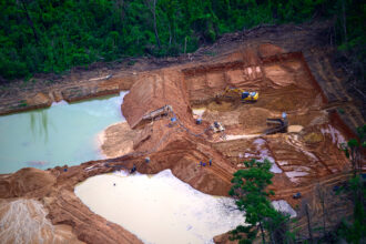 An aerial view of an illegal mining operation on Kayapo Indigenous territory in Pará, Brazil. Credit: Pablo Porciuncula/AFP via Getty Images