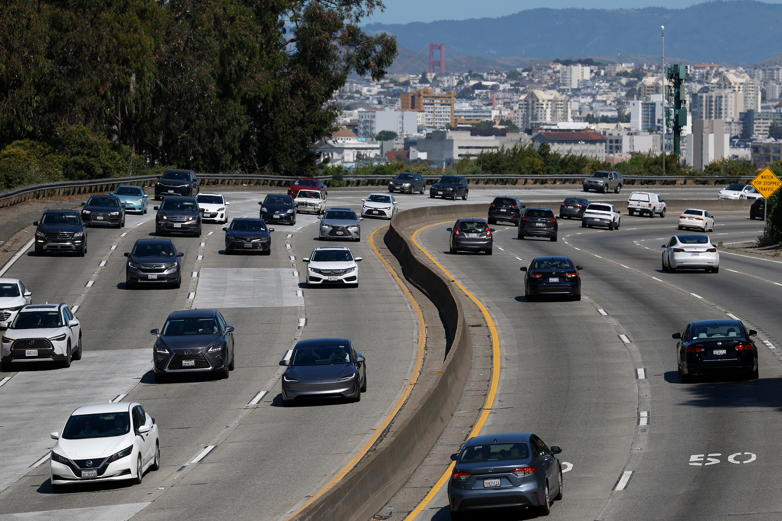 Vehicles drive along highway 101 on May 19 in San Francisco. Credit: Justin Sullivan/Getty Images