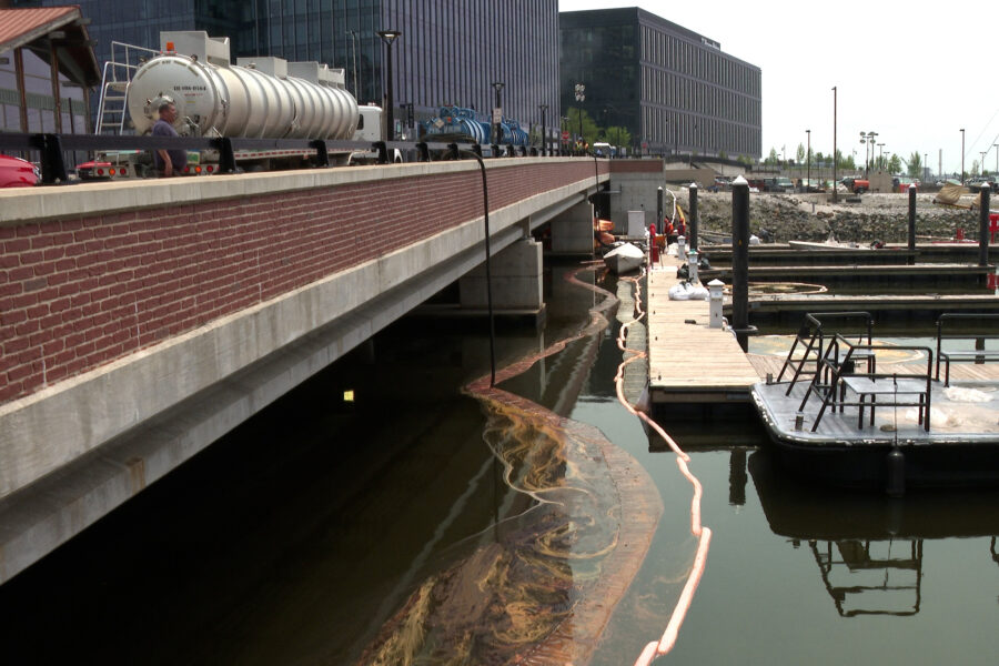 Diesel fuel contaminates the Inner Harbor on June 5 after Johns Hopkins Hospital reported a contained spill at its East Baltimore facility. Credit: Yasin Ozturk/Anadolu via Getty Images