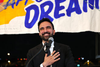 Zohran Mamdani, the Democratic nominee for mayor of New York City, speaks to supporters during an election night gathering in Queens. Credit: Michael M. Santiago/Getty Images
