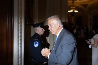 Sen. Thom Tillis (R-N.C.) enters the Senate Chamber on June 30 as the Senate works on passing President Trump’s massive tax bill. Credit: Tom Brenner/The Washington Post via Getty Images
