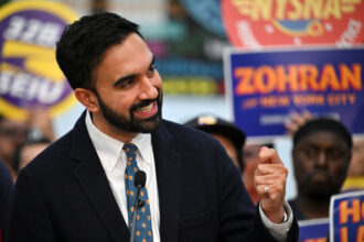 Zohran Mamdani, Democratic candidate for New York City mayor, speaks during a press conference with leaders and members of the city’s labor unions on July 2. Credit: Angela Weiss/AFP via Getty Images