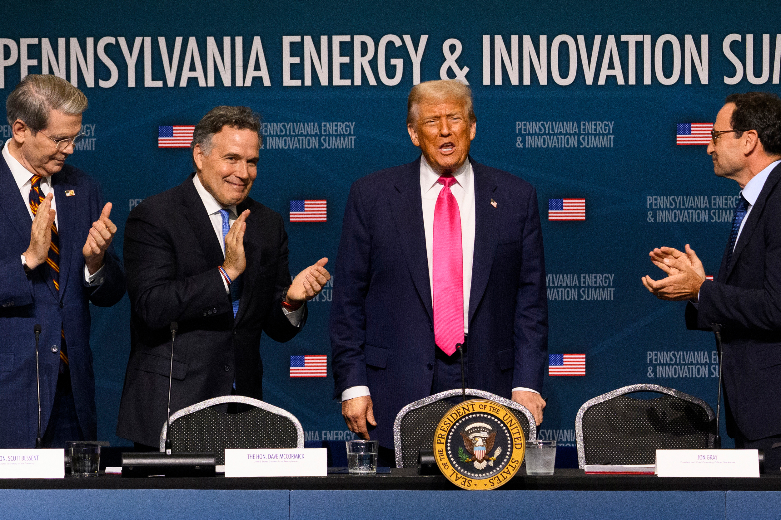 President Donald Trump arrives to speak to guests and investors at the inaugural Pennsylvania Energy and Innovation Summit at Carnegie Mellon University on Tuesday in Pittsburgh. Credit: Jeff Swensen/Getty Images