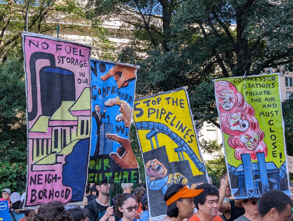 The signs are colorful. One says, "Stop the Pipelines."