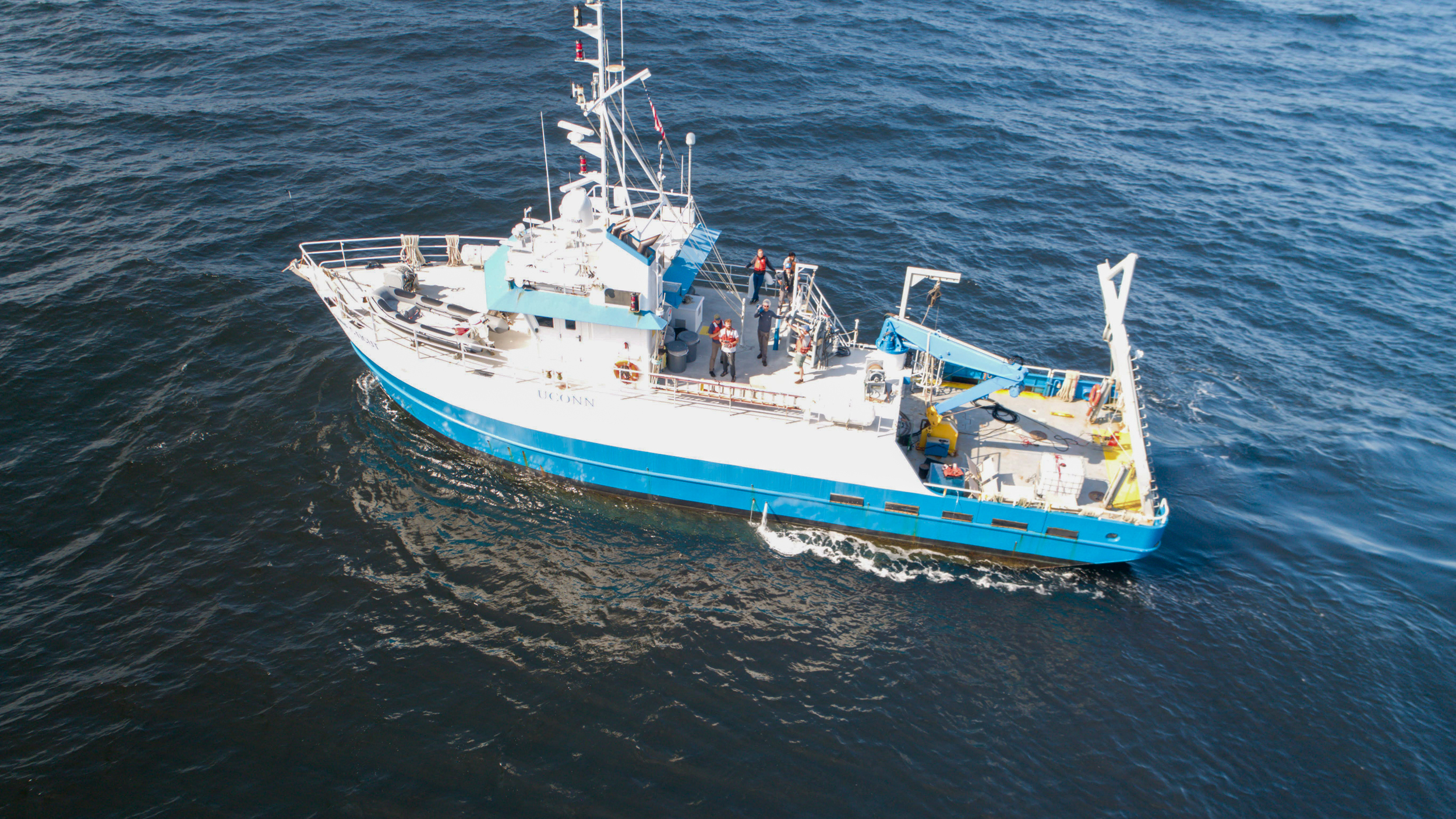 In 2023, researchers from Woods Hole Oceanographic Institution conducted their first OAE-related field experiment from the 90-foot research vessel R/V Connecticut south of Massachusetts. As part of this first experiment, nontoxic water tracer dye was released into the ocean. Researchers tracked its movement through the water for 72 hours to model the dispersion of a plume of alkalinity over time. Credit: Woods Hole Oceanographic Institution